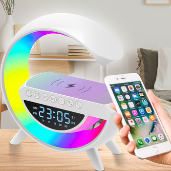 Часы-настольная лампа-ночник Bluetooth колонка 3в1 с беспроводной зарядкой RGB KP-3401 Rainbow
