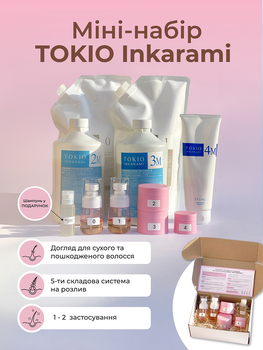 Міні-набір на 1-2 застосування TOKIO INKARAMI "Moisture Line" процедура для сухого та пошкодженого волосся, професійна японська система для глибокого відновлення та догляду (5 компонентів на розлив + шампунь у ПОДАРУНОК)