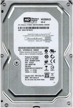 Накопичувач HDD SATA 250GB WD AV 7200rpm 8MB (WD2500AVJS) гар. 12 міс.