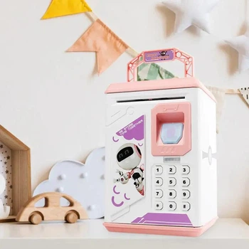 Копилка детская сейф Money Box с отпечатком пальца и кодовым замком купюроприемник + четыре банкноты в комплекте (модель pr000321-pink)