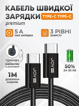 Кабель быстрой зарядки андроид айфон Type-C JoyPro 20W Black зарядный шнур USB-C 1 метр 5А для смартфонов apple iphone android Универсальный Тайпси + Тканевая оплетка + Держатель кабеля в комплекте (Черный)