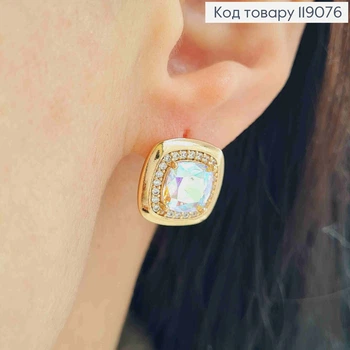 Серьги "Квадратные" с блестящим камнем Хамелеон, 1,4*1,4см, английская застежка, XUPING 18K