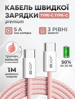 Кабель швидкої зарядки андроід айфон Type-C JoyPro 20W Pink зарядний шнур USB-C 1 метр 5А для смартфонів Apple iPhone Android Універсальний ТайпСі + Тканинне обплетення + Тримач кабелю в комплекті (Рожевий)