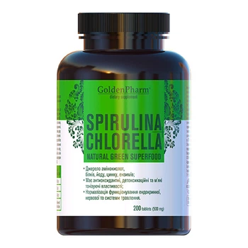 Натуральна добавка Spirulina + Chlorella, 200 таблеток Golden Pharm 000314596