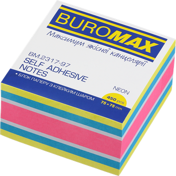 Папір для нотаток Buromax Neon з клейким шаром 75х75 мм 450 аркушів 3 кольори + білий (BM.2317-97)