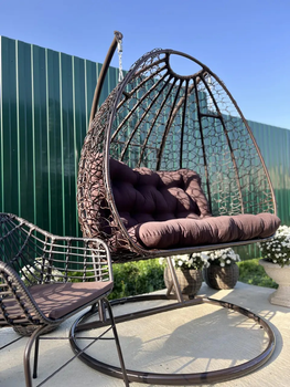 Подвесное кресло-кокон из техноротанга "Double-Garden" Brown Коричневый, двухместные качели гамак для дачи с подушкой