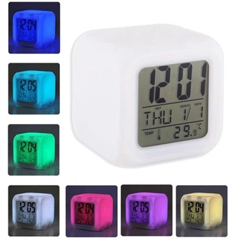 Цифровые настольные часы на батарейках хамелеон 7 цветов Glowing LED Color Change с термометром и будильником
