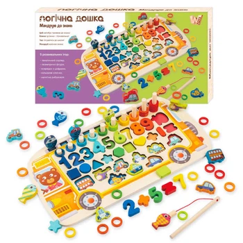 Дошка логічна 38512 "WToys", "Автобус", дерев'яна, сортер, магнітна рибальство, цифри, арифметичні знаки, геометричні фігури, транспорт, кілочки,