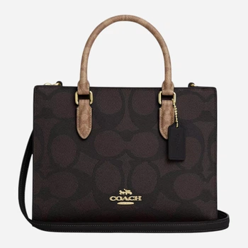 Сумка кросс-боди через плечо женская из натуральной кожи средняя Coach Maggie Small Tote Bag In Blocked Signature Canvas BG-COA-70 Коричневая (196395659067)