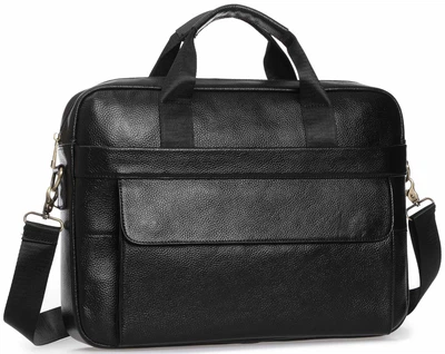 Мужская кожаная сумка портфель 39x 28x7 / сумка на одно отделение для ноутбука, черный цвет