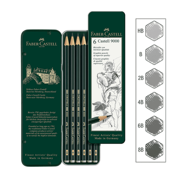 Чорнографітні олівці Faber-Castell у наборі 6 шт. H-8B металевий пенал CASTELL 9000 (119063)