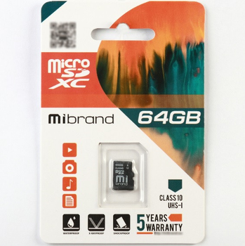 Карта памяти Mibrand microSDHC 64GB Class 10 UHS-I для мобильных устройств и камер флешка для хранения данных (YU-GT_33A)