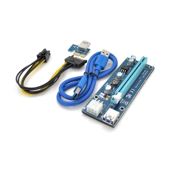 Riser PCI-EX, x1 => x16, 6-pin, SATA=>6Pin, USB 3.0 AM-AM 0,6 м (синій), конденсатори FP5K, Пакет