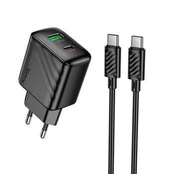 Сетевое зарядное устройство адаптер Hoco CS25A Rico |1USB/1Type-C, 20W/3A, поддержка быстрой зарядки PD/QC/FCP/AFC, многоуровневая система защиты, универсальная совместимость| + Кабель Type-C to Type-C в комплекте |1 м, до 60 Вт| Черный