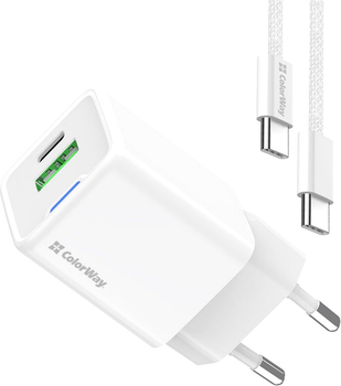 Мережевий зарядний пристрій ColorWay GaN Mini 35W PD Port PPS USB (Type-C PD + USB QC3.0) + cable Type-C White (CW-CHS055PDC-WT)