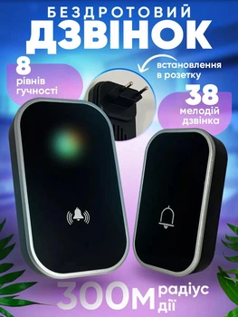 Дверний дзвінок бездротовий водонепроникний в розетку Smart Wireless Doorbell музичний на 38 мелодій до 300 метрів + світлова індикація