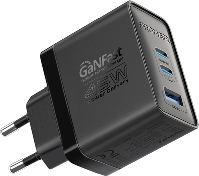 Мережевий зарядний пристрій Promate PowerPort-45W, 2х USB-C PD, USB-A Black (powerport-45.black)
