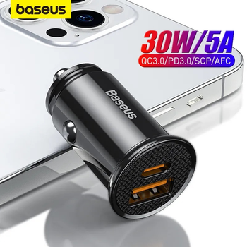 Швидкий автомобільний зарядний пристрій в прикурювач машини Baseus на 2 порти USB і Type-C QC4.0 PD 5A/30W адаптер розумна авто зарядка в з підсвіткою 12 24V