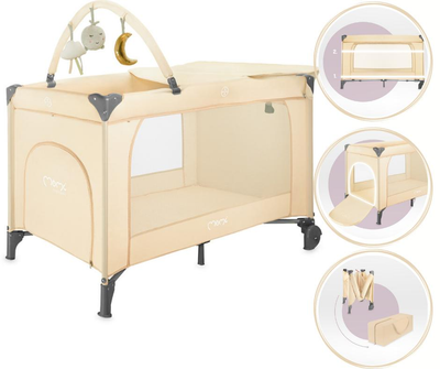 Манеж ліжко дитяче MoMi BELOVE PLUS Beige з пеленатором дугою з іграшками та матрацом для новонарожених