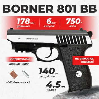 Пневматический пистолет Borner Panther 801 blowback с лазерным целеуказателем, металл с со2 с пулями