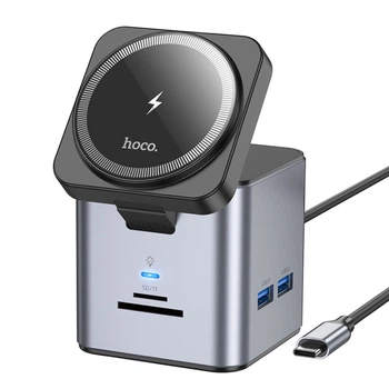 USB хаб с беспроводной зарядкой Hoco Effortless 9in1 (3USB, HDMI, RJ45,100W, SD, TF). Grey