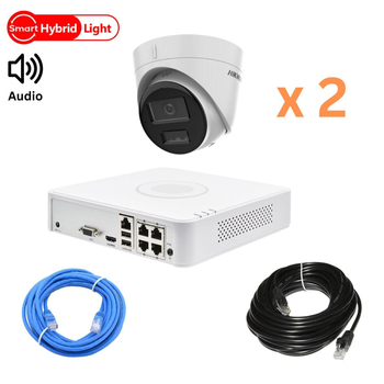 Комплект ІP відеонагляду на 2 купольні камери Hikvision 4Mp-IP-DS-2CD1343G2-LIUF-Hybridlight зі звуком