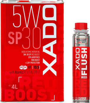Набір Моторна олива XADO Red Boost 5W-30 SP 4 л (ХА 26285) + Очисник оливосистеми двигуна XADO RED FLUSH з ефектом розкоксування 250 мл (XA 41613)