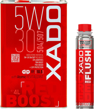 Набір Моторна олива XADO Red Boost 5W-30 504/507 4 л (ХА 26296) + Очисник оливосистеми двигуна XADO RED FLUSH з ефектом розкоксування 250 мл (XA 41613)