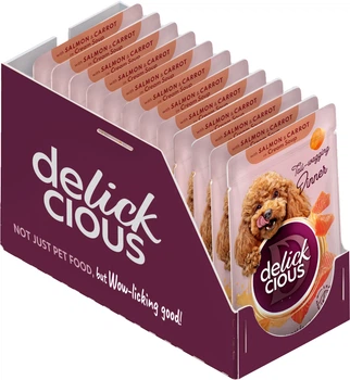 Вологий корм для дорослих собак Delickcious Смужки з лососем та морквою у крем супі