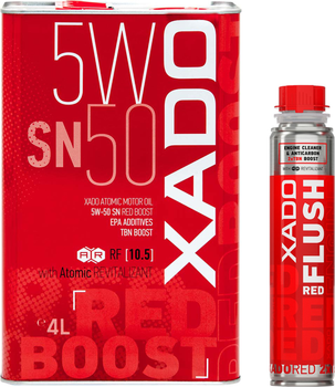 Набір Моторна олива XADO Red Boost 5W-50 SN 4 л (ХА 25293_1) + Очисник оливосистеми двигуна XADO RED FLUSH з ефектом розкоксування 250 мл (XA 41613)
