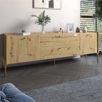 Тумба під телевізор з шухлядами LION Wood з золотими ніжками 180х50х40 см Дуб Артизан (LION-043113)