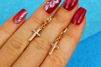 Серьги подвески Xuping Jewelry крестики с тиснением 3 см золотистые