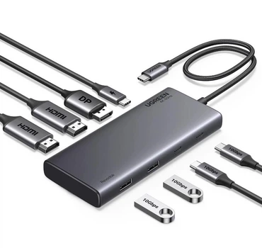 USB-хаб UGREEN CM639 USB-C to 2xUSB 3.2 + 2xUSB-C 3.2 (10Gbps) + 2xHDMI + DP (4K@60Hz) + 100W PD Gray (35625)