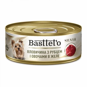 Вологий корм Basttet`O Silver для собак з яловичиною та рубцем з овочами в желе 85г