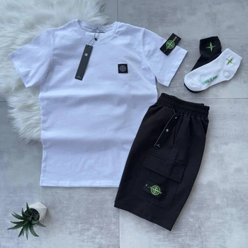 Літній чоловічий спортивний костюм (футболка + шорти + шкарпетки) Stone Island Білий з чорний 2XL (KK-321)