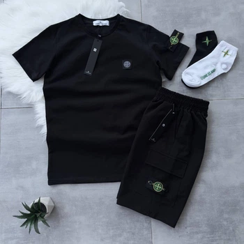 Літній чоловічий спортивний костюм (футболка + шорти + шкарпетки) Stone Island Чорний XL (KK-321)