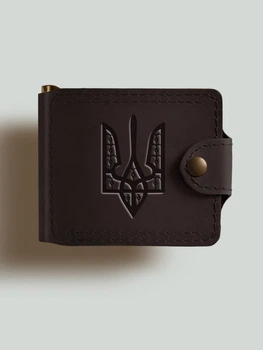 Зажим для денег Turtle Comfort с тиснением Герб УНР "острый" с монетницей из натуральной кожи Crazy Horse Темно-коричневый