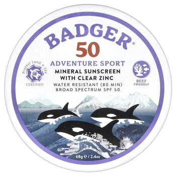 Солнцезащитный водостойкий крем Adventure Sport SPF 50 с прозрачным цинком Badger Company, 68 г