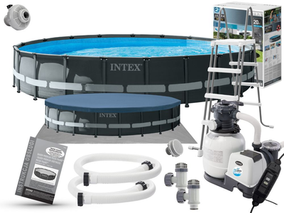 Каркасный бассейн Intex 26340 Ultra Frame 732х132 см с песочным насосом, тентом, подстилкой и лестницей Серый
