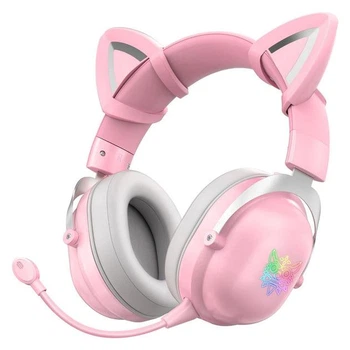 Игровые беспроводные наушники Onikuma B20 с микрофоном и LED RGB подсветкой геймерская гарнитура Pink