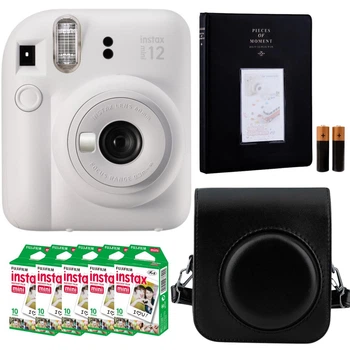 Подарунковий набір Камера для миттєвого друку Fujifilm INSTAX Mini 12 Clay White - Black / Чорний чохол / Картриджі на 50 фото / Чорний фотоальбом на 64 фото