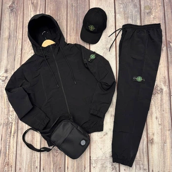 Чоловічий спортивний комплект Stone Island (костюм + кепка + бананка) M Чорний (TR-388)