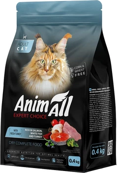 Полнорационный сухой корм AnimAll для кошек с лососем белой рыбой и свежей индейкой 0.4 кг (5902706511697)
