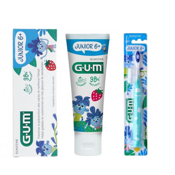 Набор Зубная паста-гель GUM JUNIOR 50 мл и зубная щетка GUM Junior Monster для детей от 6 лет мягкая голубая