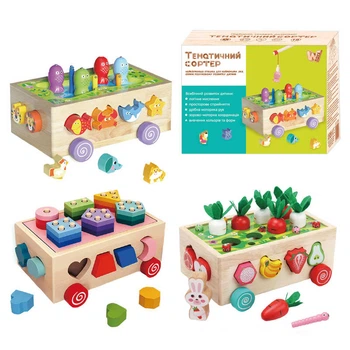 Каталка логічна 22995 "WToys", дерев'яна, 3 в 1, сортер, 1 тематична гра, каталка на коліщатах, в коробці