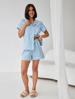 Піжама (сорочка + шорти) жіноча бавовняна BARWA garments 0358/359 M Блакитна (2113583592034)