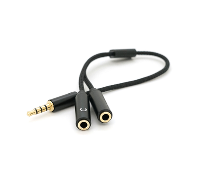 Розгалужувач аудіо для навушників і мікрофона, Jack 3.5 (тато) 4 pin -2*Jack 3.5(мама) 3 pin, круглий в обплетенні, Box