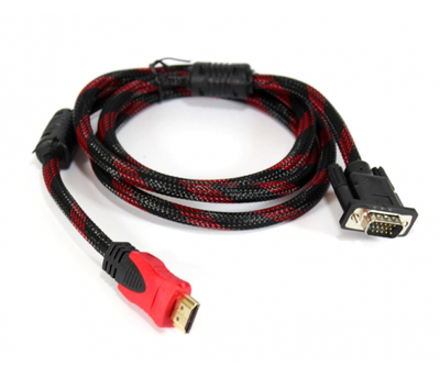 Кабель HDMI (тато)-VGA (тато) 1,5 м, 2 феріті, обплетення, круглий Black - RED, Пакет (працює тільки з конвертором), Q150