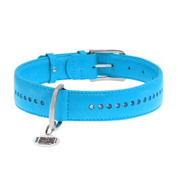 Нашийник для собак шкіряний WAUDOG Glamour XL 35мм/46-60см,зі стразами, з QR-паспортом, блакитний