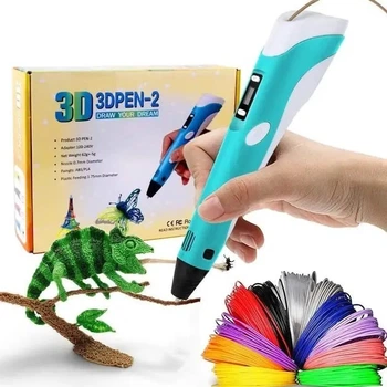 Детская 3D Ручка для рисования и создания объемных моделей 3DPen-3 с дисплеем + трафареты + 10 м пластика + подставка в наборе, Голубая